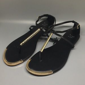 Black and Gold T-Strap Sandals